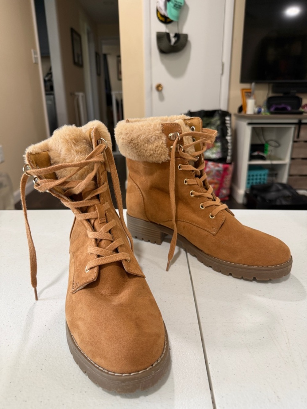 Women’s Tan Suede Faux-Fur Lace-Up Ankle Boots